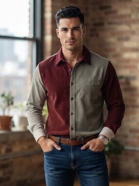 Colorblock Corduroy Button-Down Shirt - Olive & Burgundy